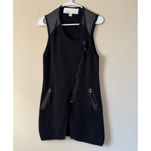 Curio New York Black Asymmetrical Zip Sleeveless Sweater Vest Faux Leather Sz S - Picture 4 of 12